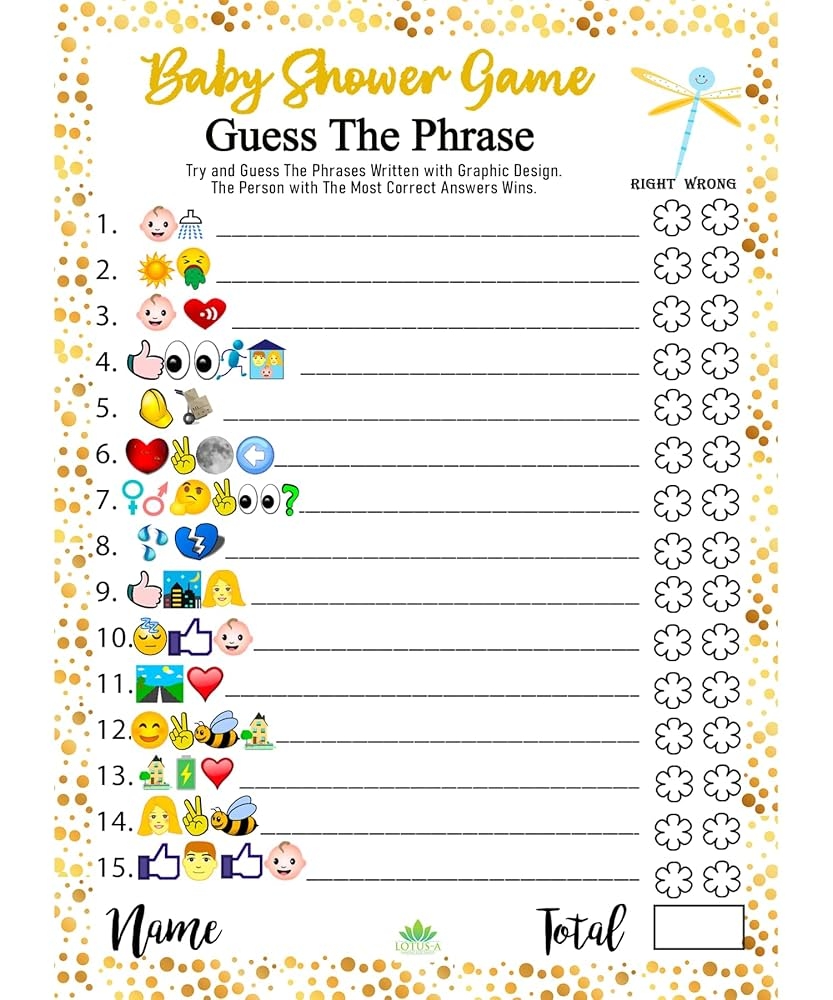 Amazon LOTUS A Baby Shower Games Hilarious Guess The Phrase And Predictions Cards 30 Thick Cardstocks 7x5 Inches Printed Front Back Side Answer Keys Included Idea Neutral Theme For Girl Boy 