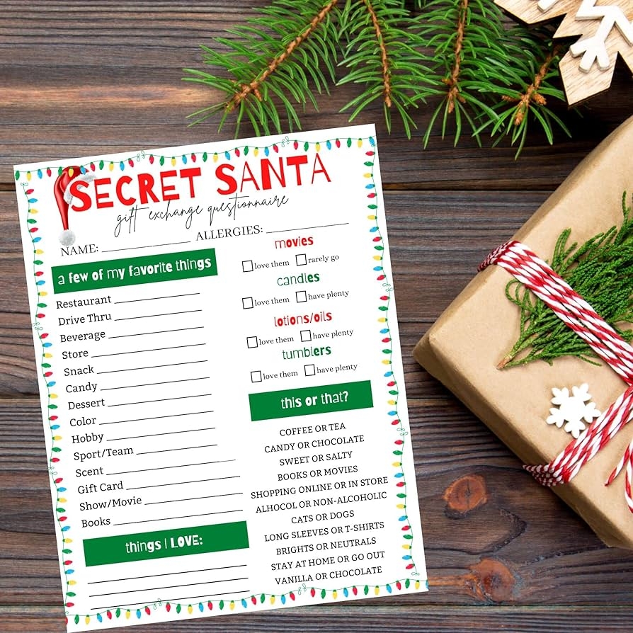 Secret Santa Gift Questionnaire Printable