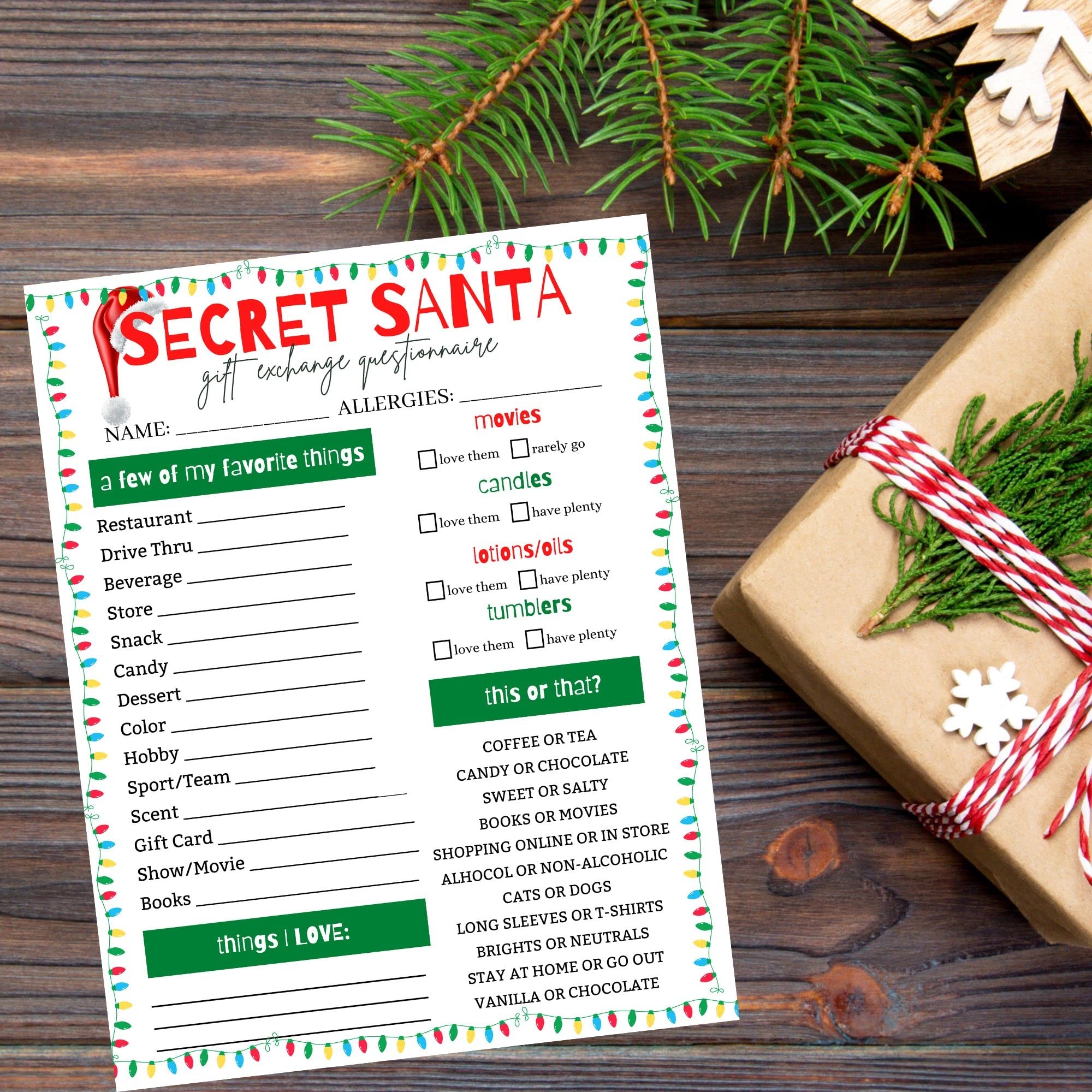 Amazon Secret Santa Christmas Questionnaire Sheets Gift Exchange Questions 50 Pk Holiday Games For Christmas Party For Office Family Or Friends Gift Giving Ideas Fill Out Info Cards 8 5x11 Office Products