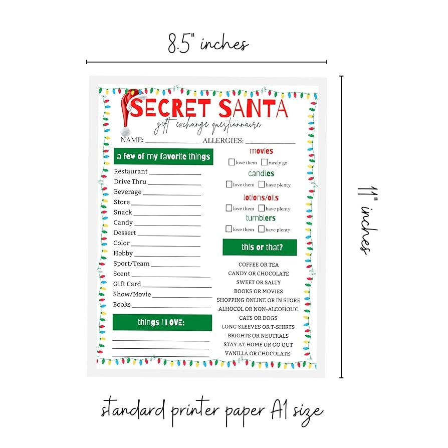 Secret Santa Questionnaire Printable Free Digital