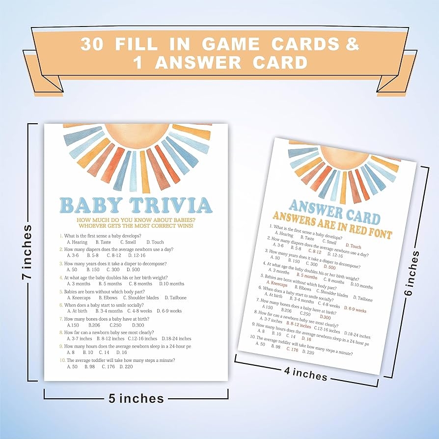 Amazon Sunshine Baby Trivia Shower Game Kit Retro Here Comes The Sun 30 Fill In Game Cards 1 Answer Card For Baby Shower Gender Reveal Party Favor Activity 