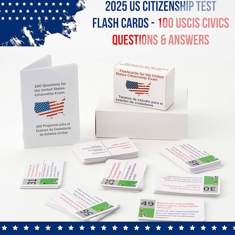 Amazon US Civic Test Flash Card 2025 100 USCIS Citizenship Flash Card Questions Answers Bilingual Spanish English Naturalization Study Guide US Civics Test Flash Cards Bilingual Booklet Combo Set Toys 