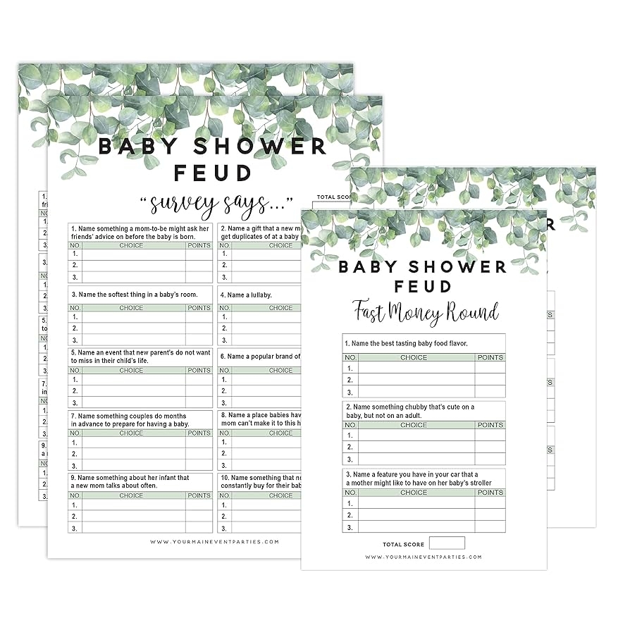 Amazon Your Main Event Prints Eucalyptus Baby Shower Family Feud Game Set 50 Question Cards 3 Fast Money Rounds 1 Instruction Guide Fun Group Activity For Baby Celebrations Home Kitchen
