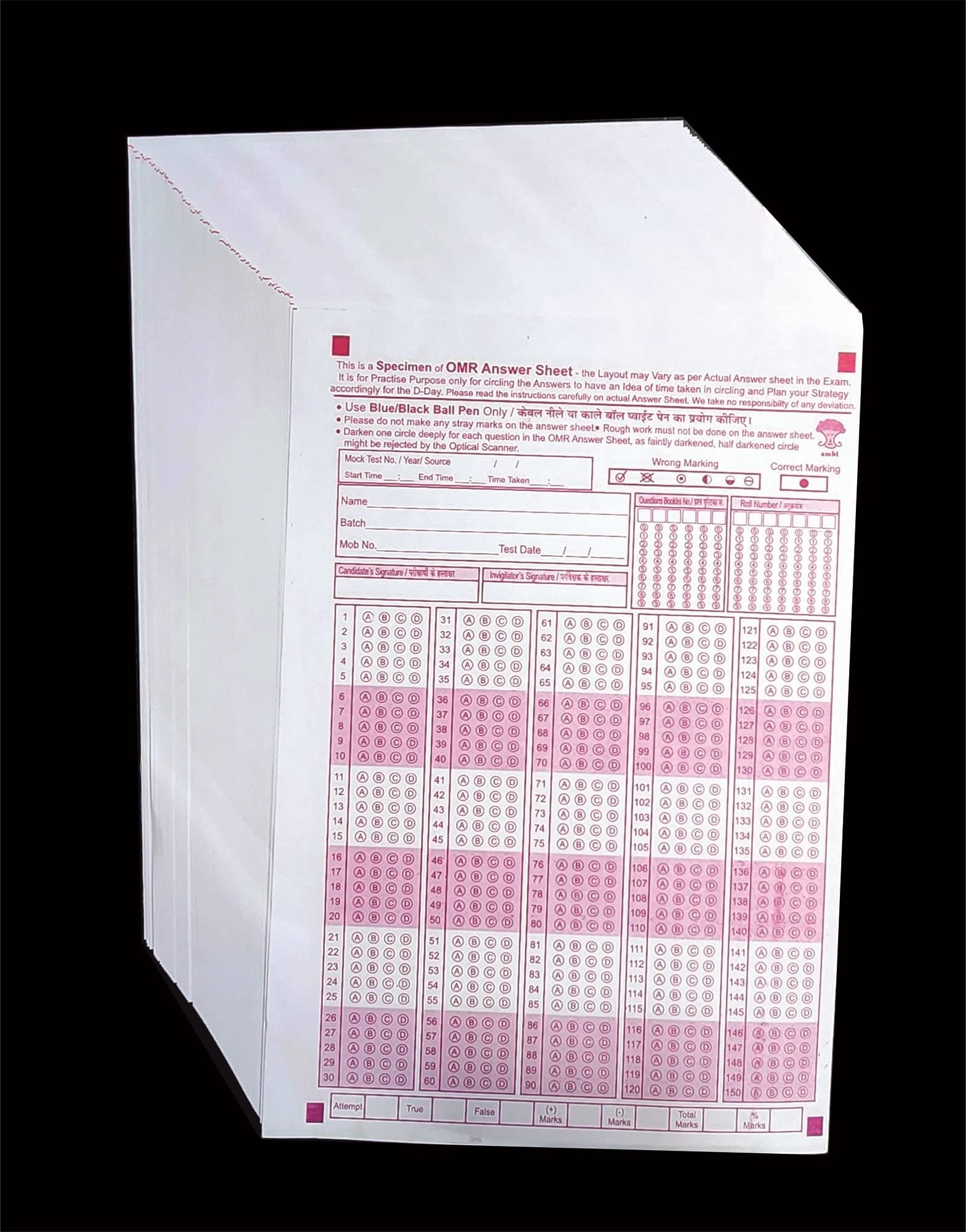 Amblitz Acrylic Paper Omr Sheet 150 Mcq S 100 Sheets Pack A4 Size Omr Sheets For Practice Loose Answer Sheet 70 Gsm Amazon in Office Products