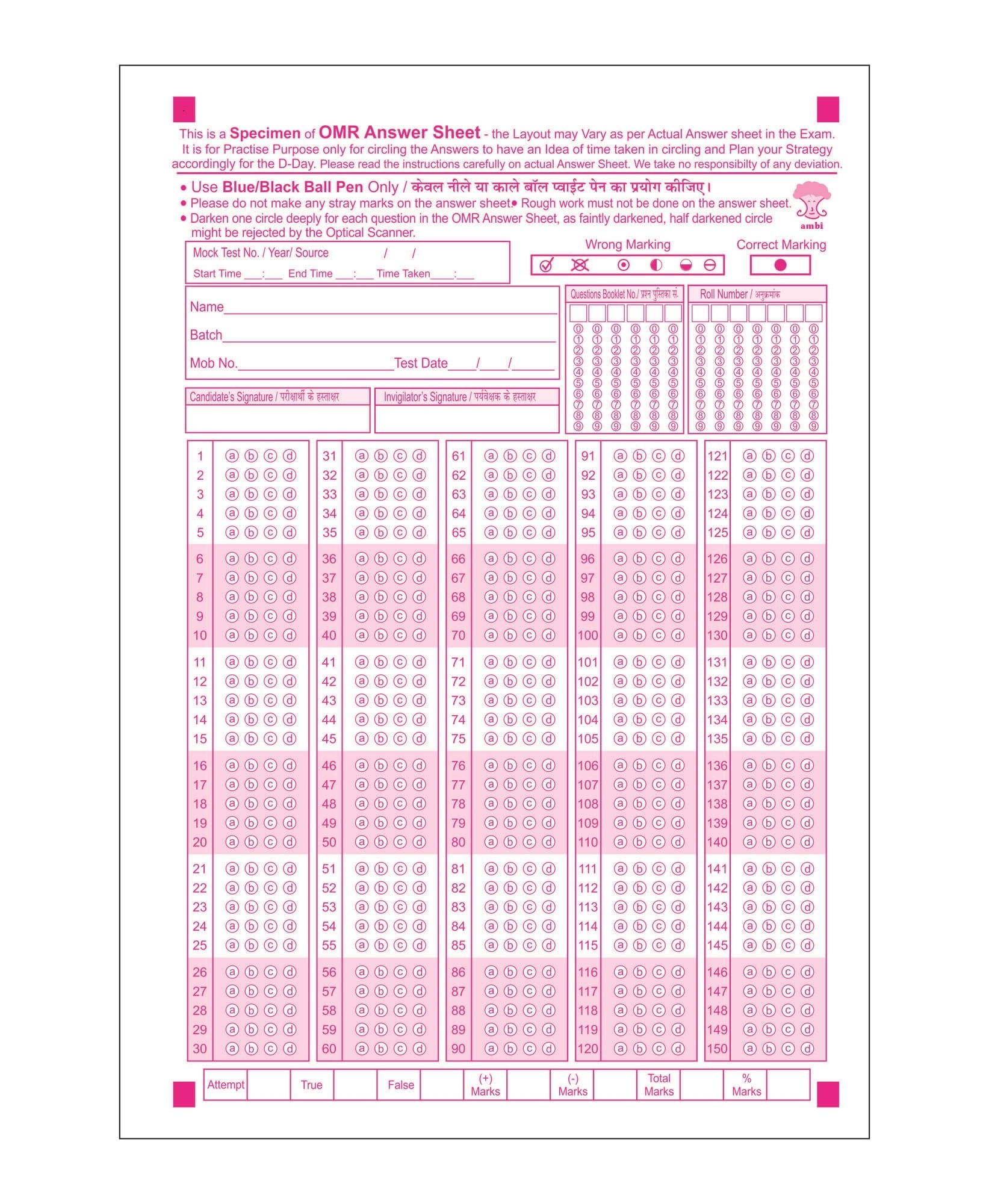 Amblitz Acrylic Paper Omr Sheet 150 Mcq S 100 Sheets Pack A4 Size Omr Sheets For Practice Loose Answer Sheet 70 Gsm Amazon in Office Products