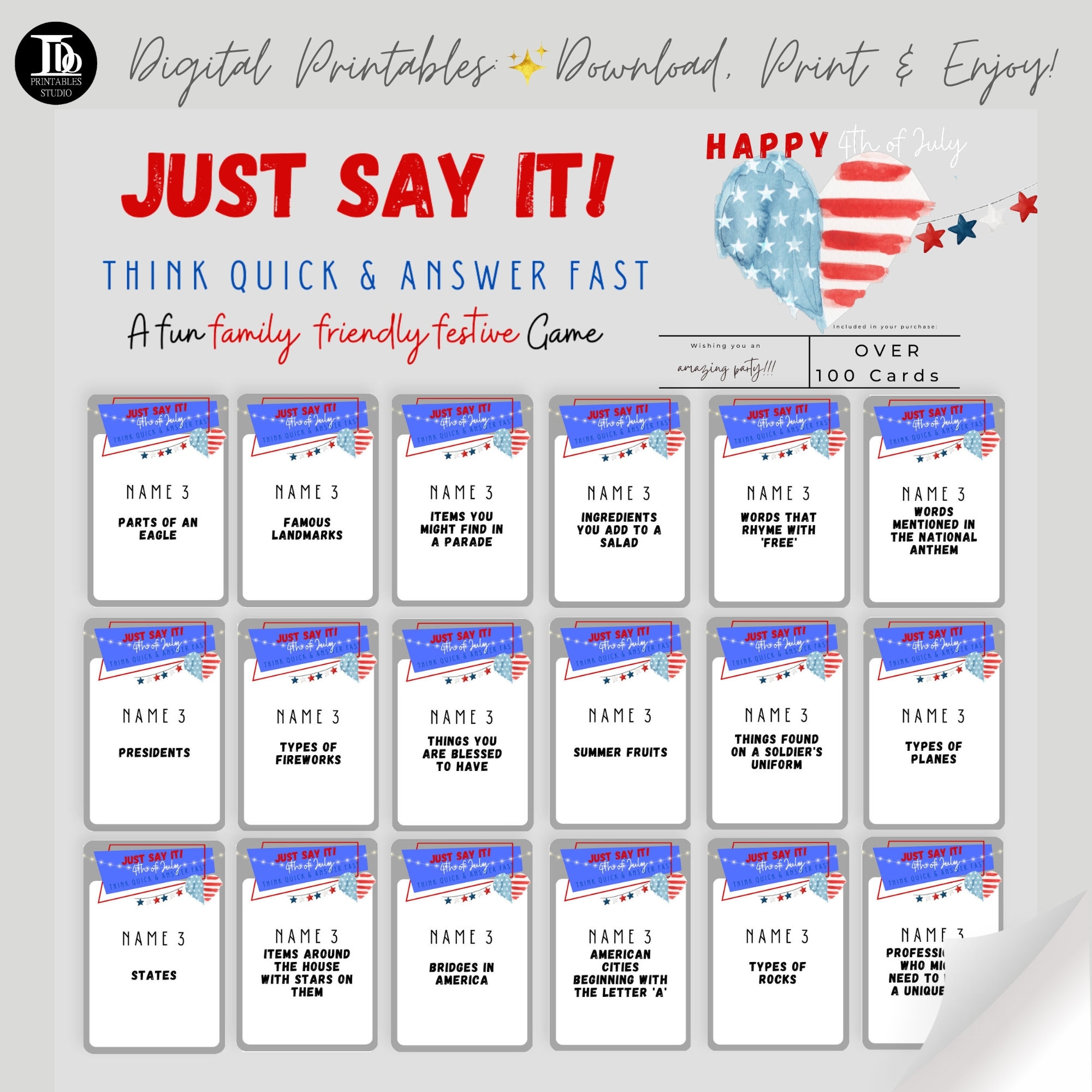 American Patriotic 4th Of July Party Game Cards Printable Group Game USA Independance Day Funny Quick Thinking Fourth Of July Activity Etsy