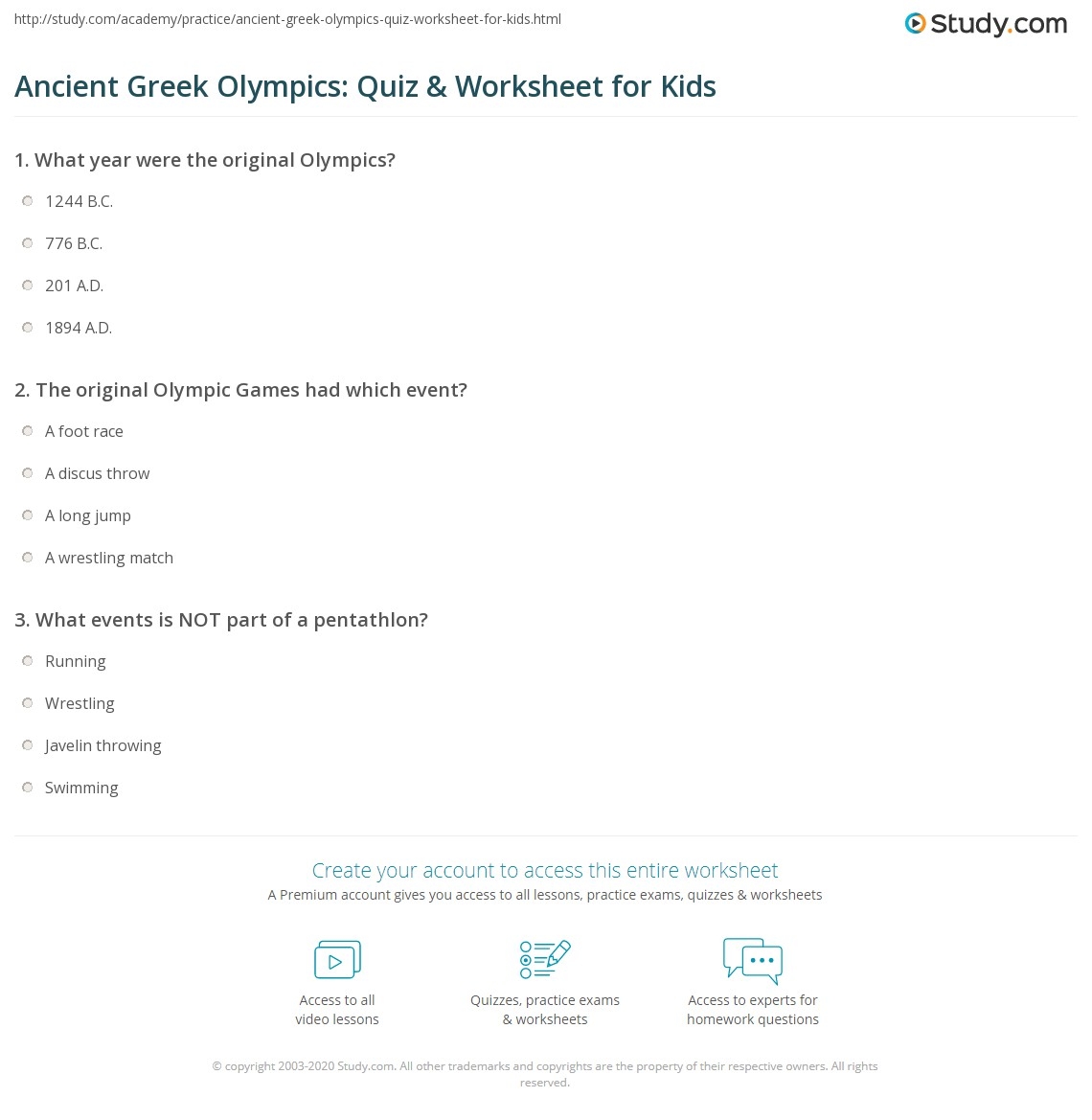 Ancient Greek Olympics Quiz Worksheet For Kids Study