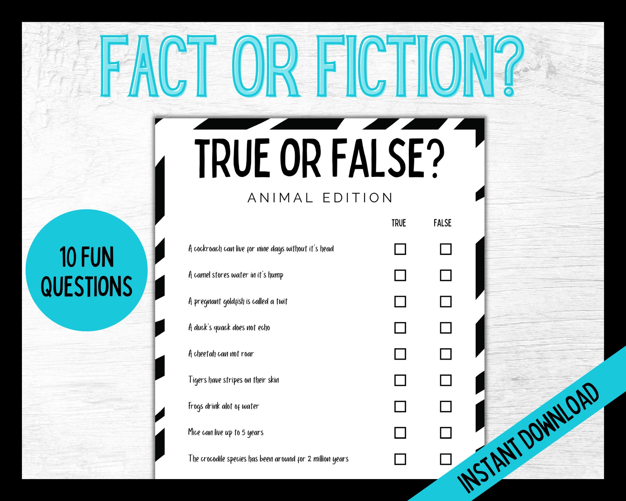 Animal Fact Or Fiction True Or False Game Fun Teen Games Teen Party Trivia Quiz Teen Birthday Family Quiz Animal Trivia Edition 1 Etsy