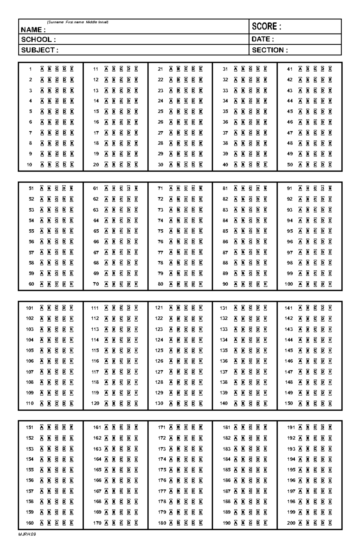Answer Sheet For 200 Items Shading Patterns And Responses Studocu