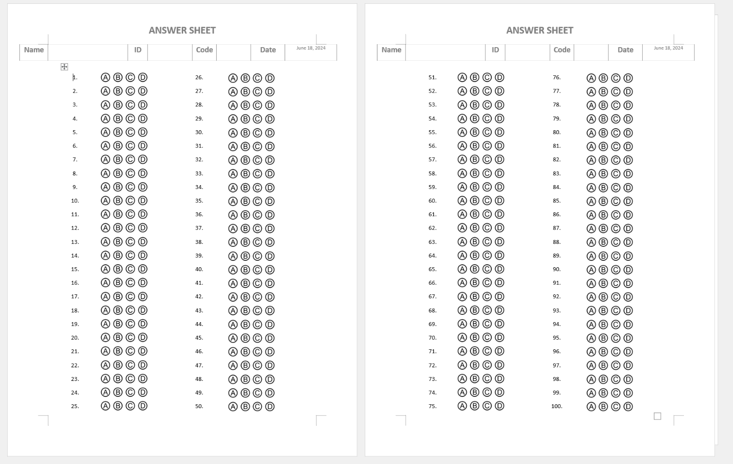 Bubble Answer Sheet Printable
