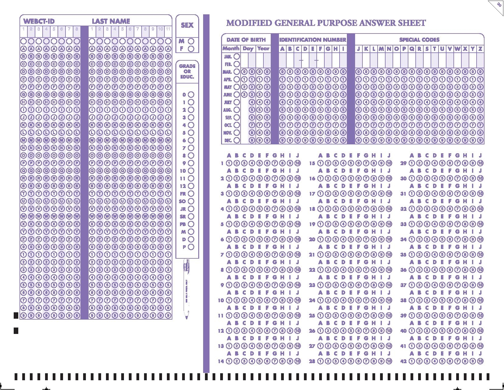 Printable Scantron Answer Sheets