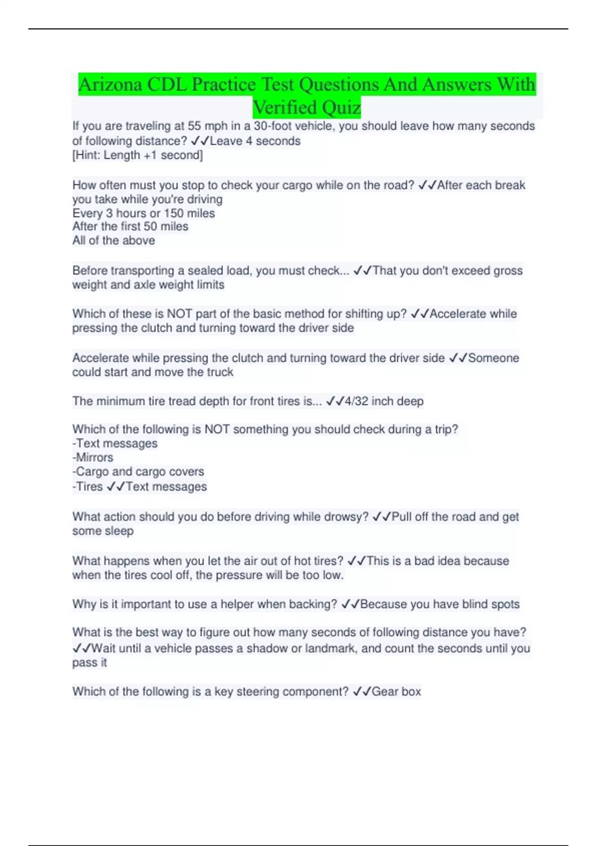 Arizona CDL Practice Test Questions And Answers With Verified Quiz Arizona CDL Stuvia US
