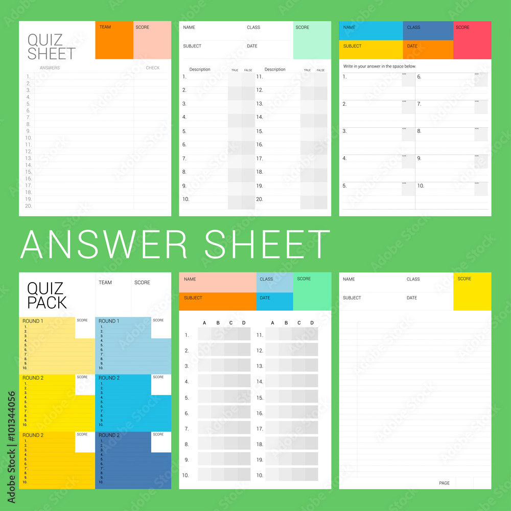 ASNWER SHEET 6 Types Of Answer Sheet Ready To Print For Quiz Night Examination Explanation Test Stock Vector Adobe Stock