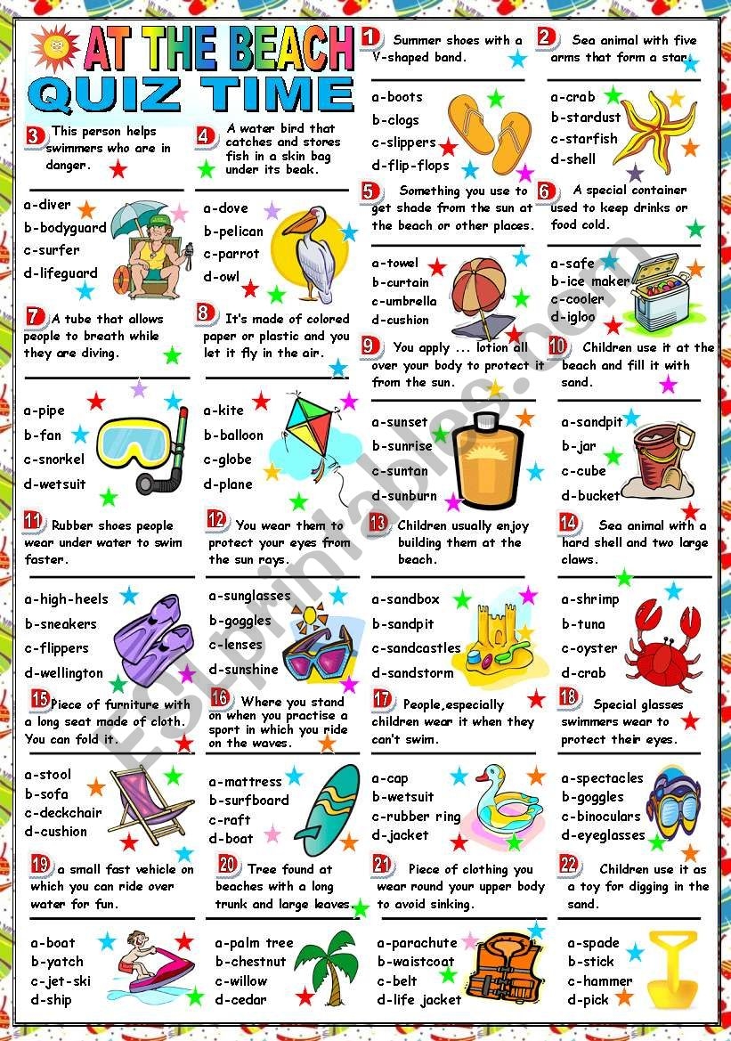 AT THE BEACH QUIZ B W VERSION KEY INCLUDED ESL Worksheet By Katiana