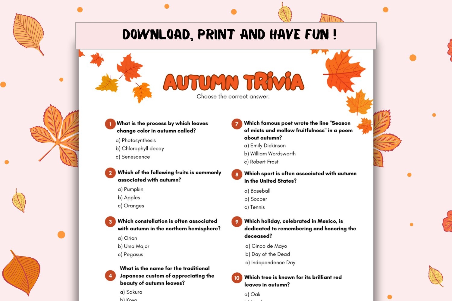 Autumn Theme Trivia Fun Multiple Choice Questions For Fall