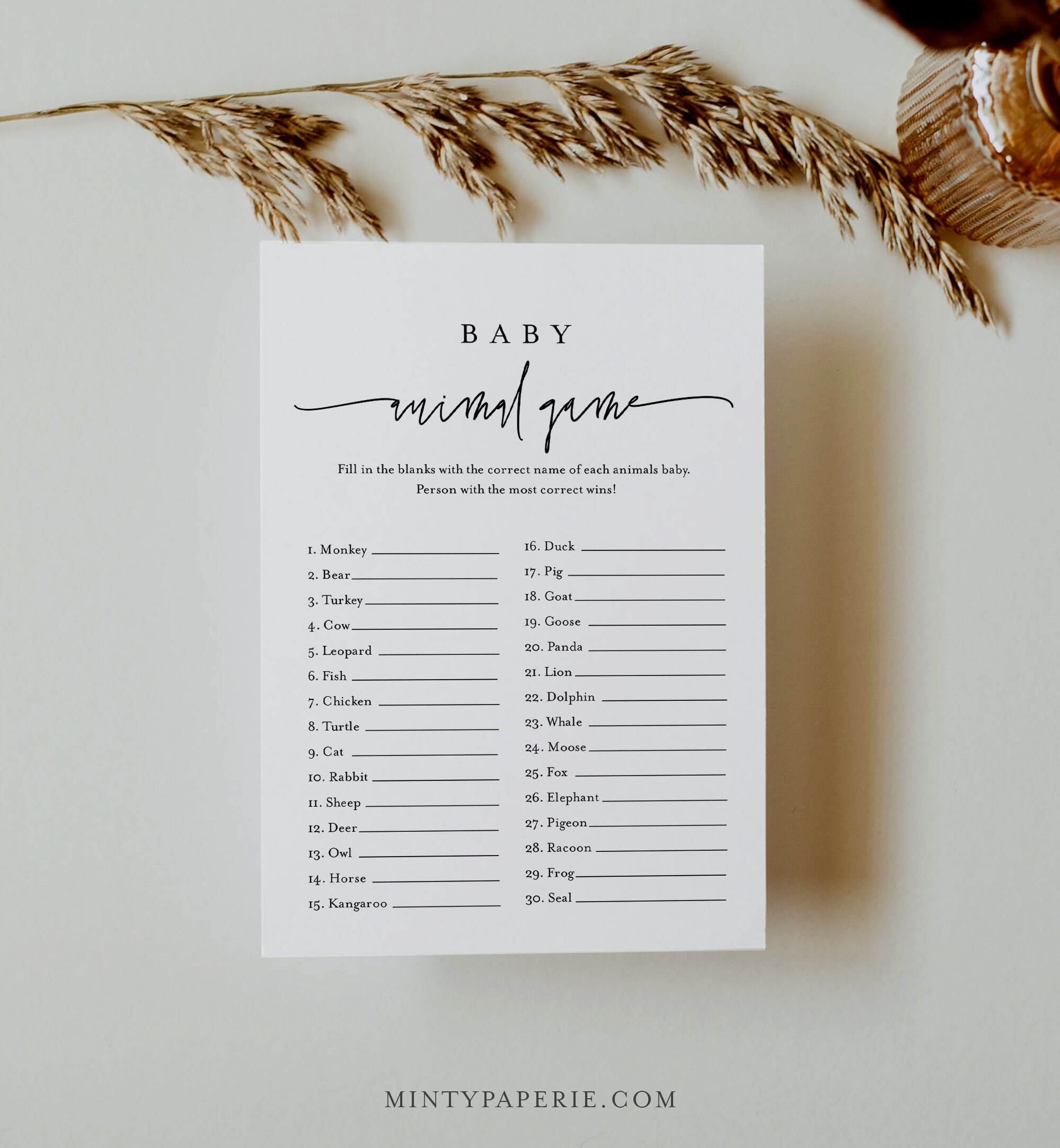 Baby Animal Game Printable Minimalist Baby Shower Game Editable Template Answer Key Included Instant Download Templett 0009 266BASG