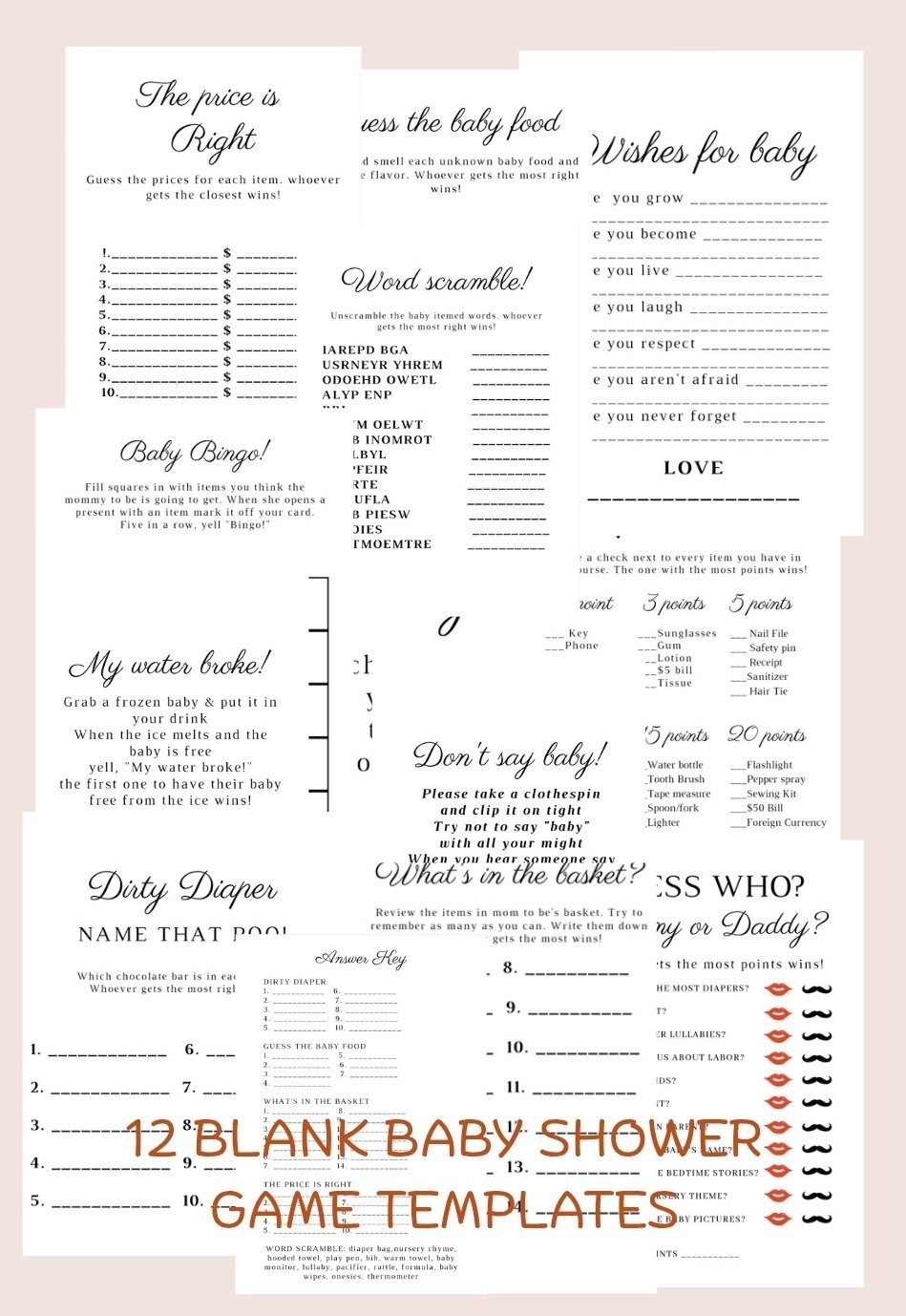 baby shower blank template games 12 games with answer key sheet desertberry llc