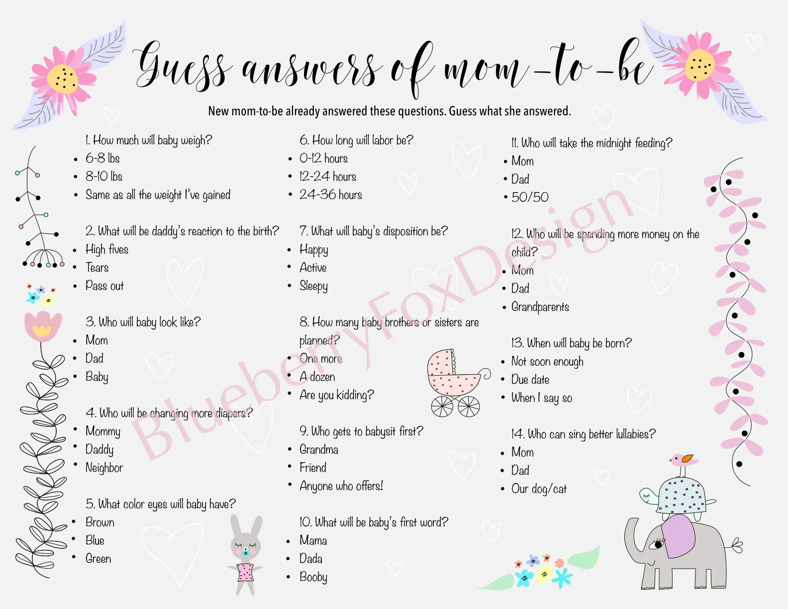 Baby Shower Game Guess Answers Of Mom to be Printable Instant Download Pink And Gray Baby Shower Pastel Baby Shower Etsy