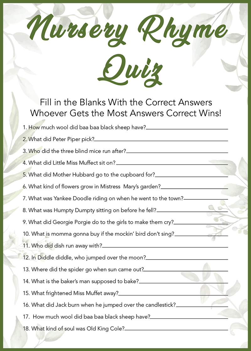 Baby Shower Games Free Printables Nursery Rhymes 