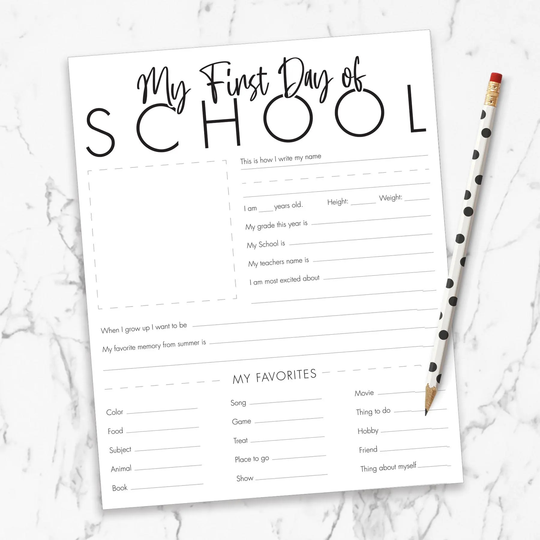 First Day of School Questions Printable