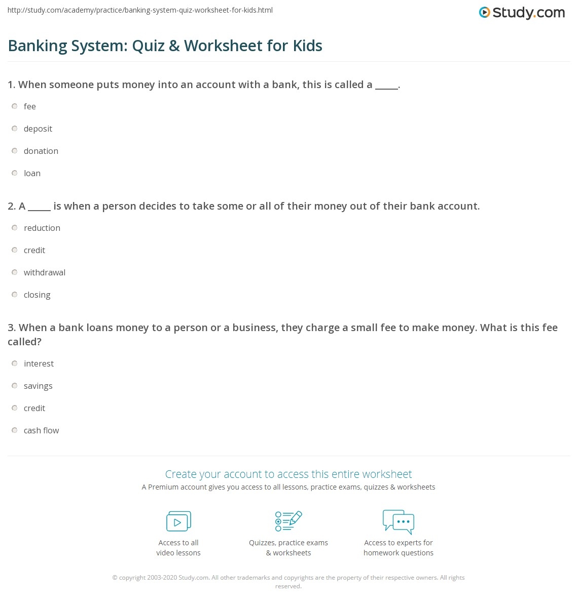 Banking System Quiz Worksheet For Kids Study