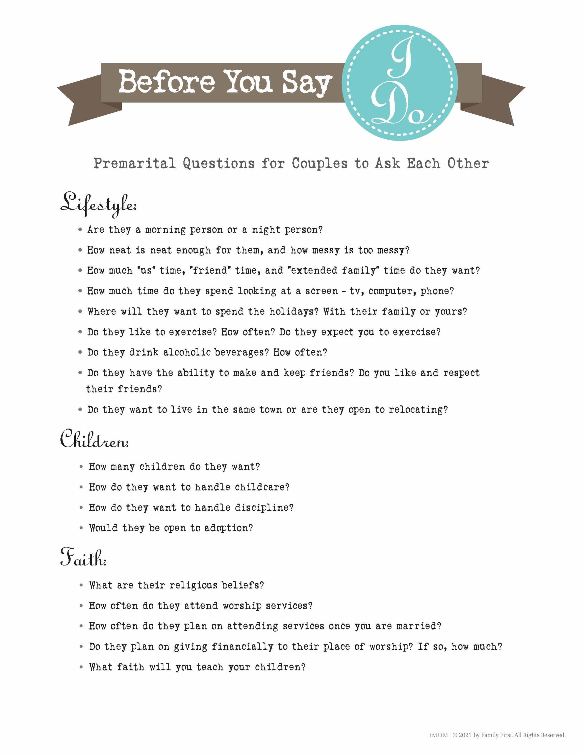 Before You Say I Do Premarital Questions IMOM