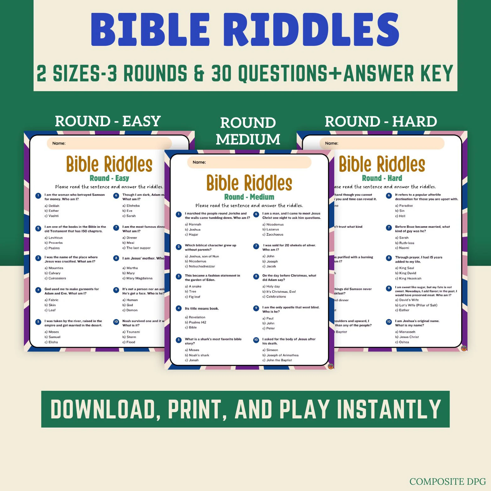 Bible Riddles Game Printable I Total 3 Rounds Easy Medium Hard I Bible Study Quiz I Church Activity For Adults Kids I Instant Download IPDF Etsy