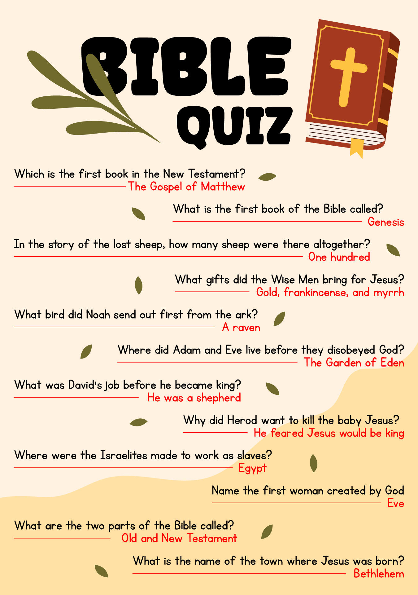 Bible Quiz Game Questions with Answers Printable