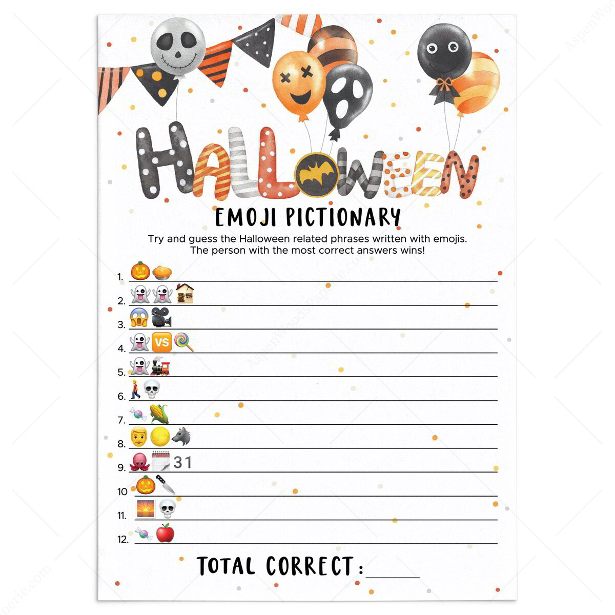 Black And Orange Halloween Emoji Pictionary With Answers Printable