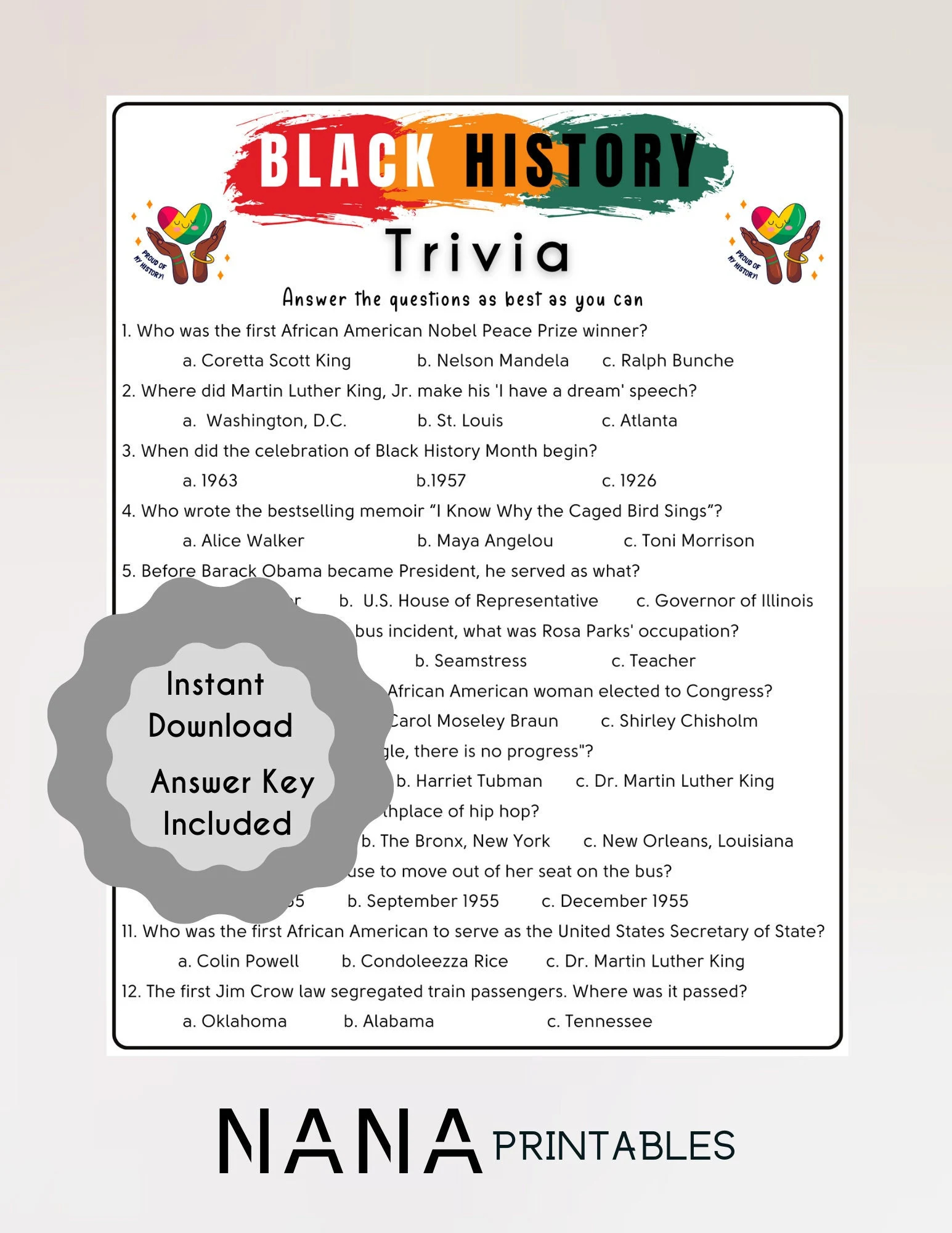 Black History Month Trivia Game Fun Educational Game Kids Black History Month African American History School Quiz Kids Instant Download Etsy