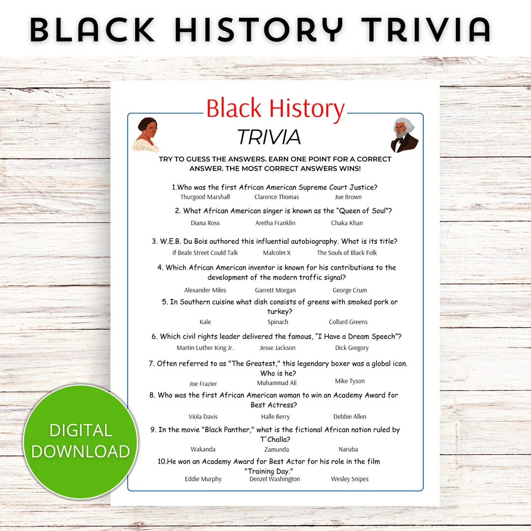 Black History Trivia Game Black History Game For Kids And Adults Printable Black History Month Trivia Etsy
