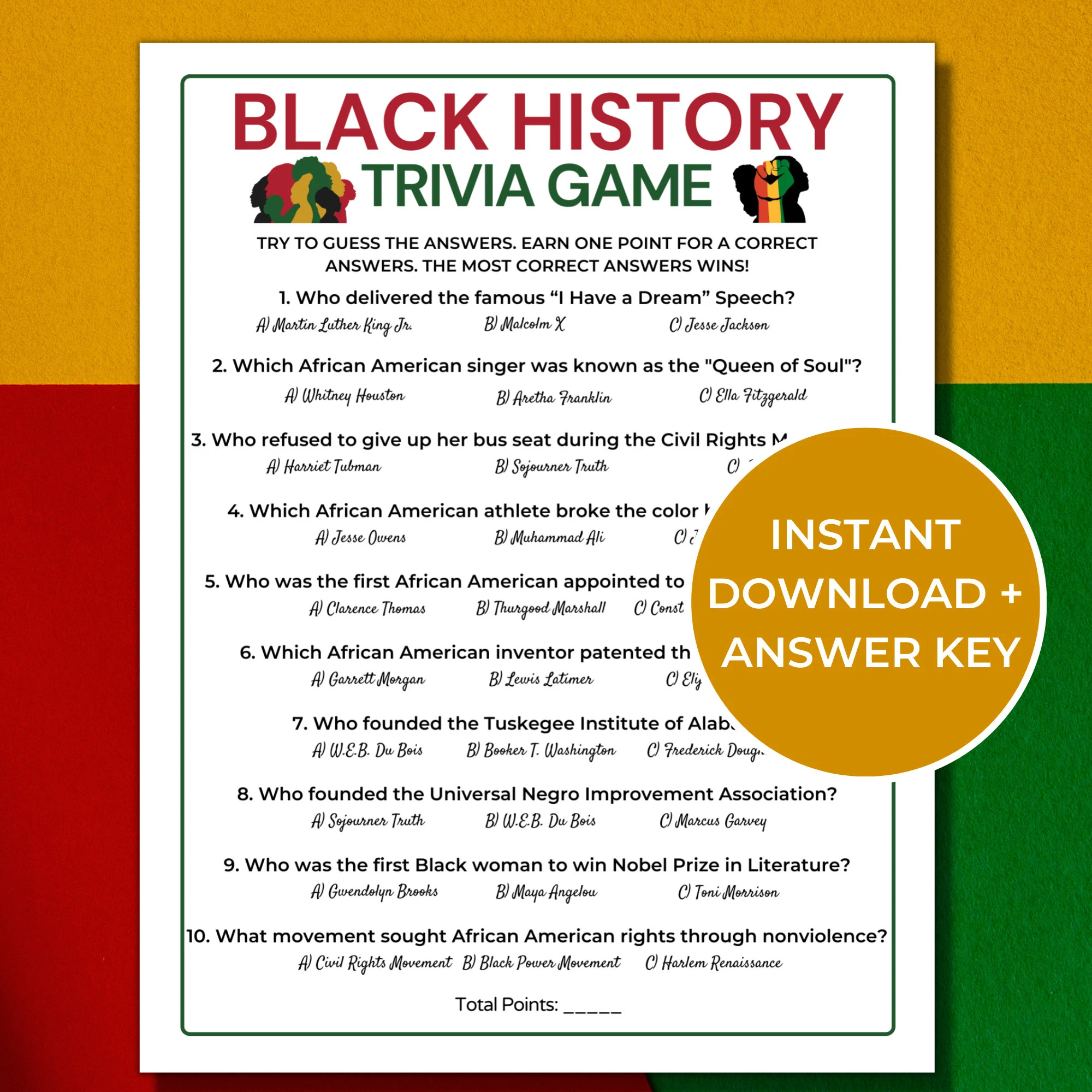 Black History Trivia Game Printable Black History Month Game Black History Activity For Kids And Adults Black History Quiz Etsy
