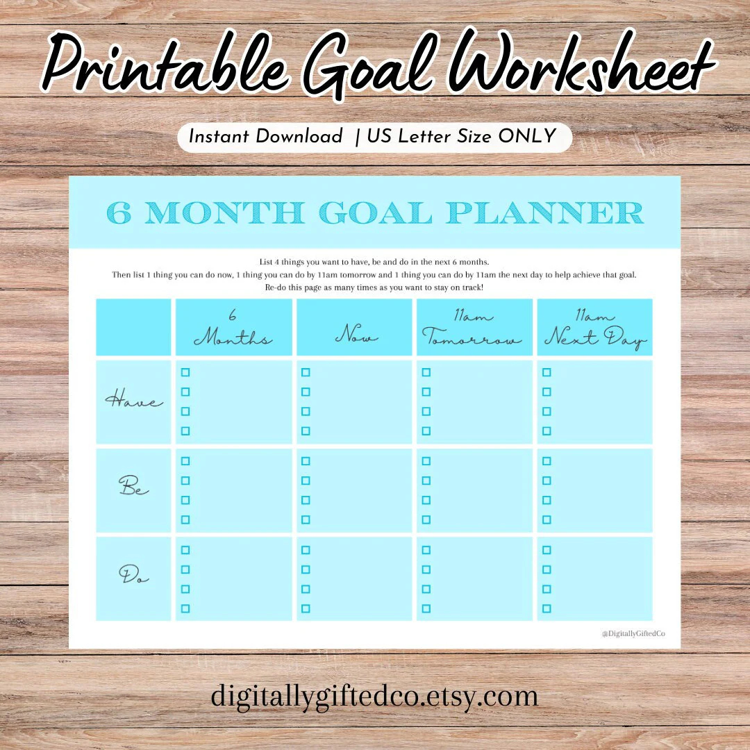 BLUE 6 Month Goals Printable Worksheet Goal Setting Tracker Planner Page Self Improvement Manifestation PDF BLUE Only Single Page Etsy