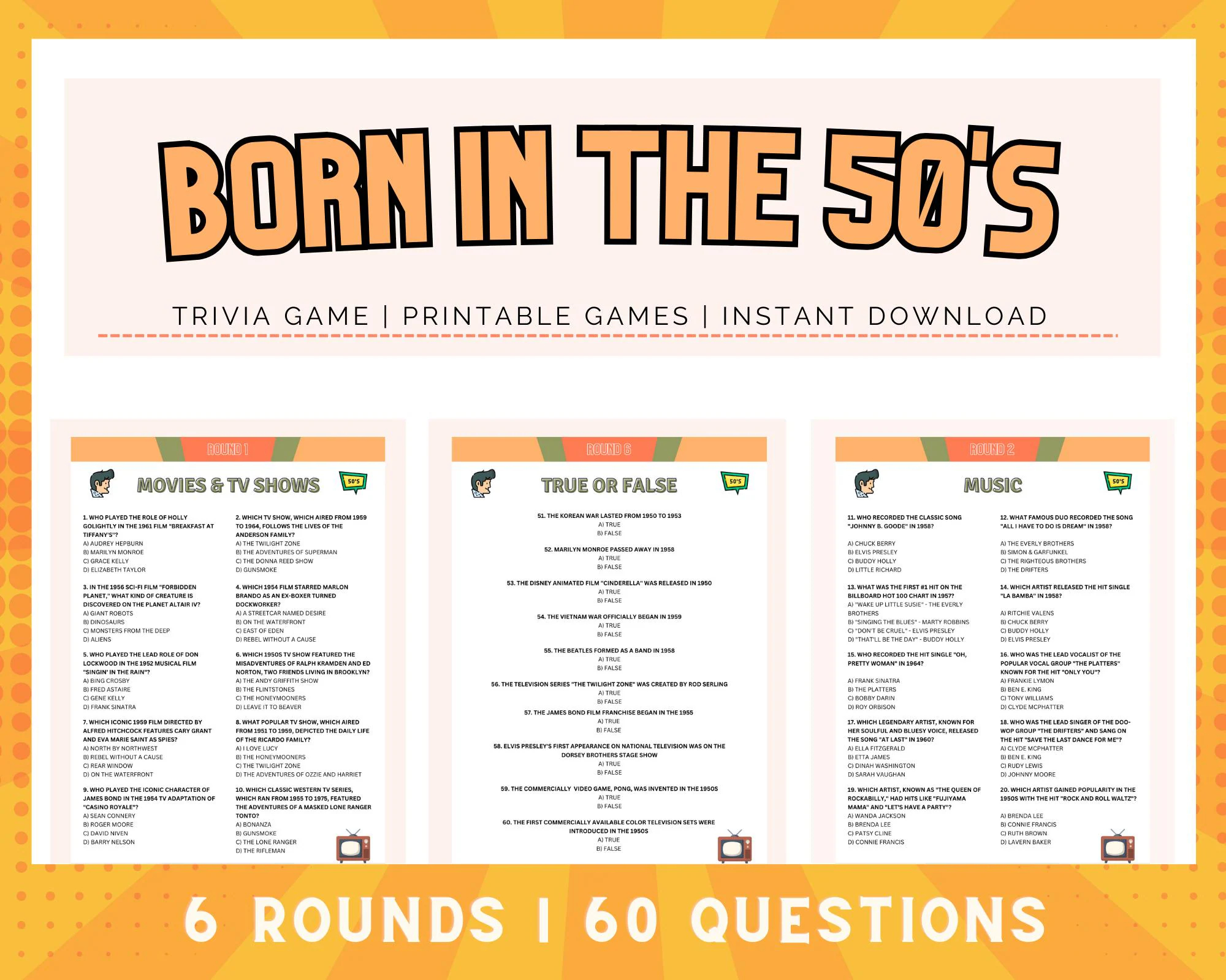 Born In The 50s Trivia Fun Printable Trivia Game 60 Trivia Questions A Trivia Night Born In The 50s Quiz Party And Birthday Games Etsy UK