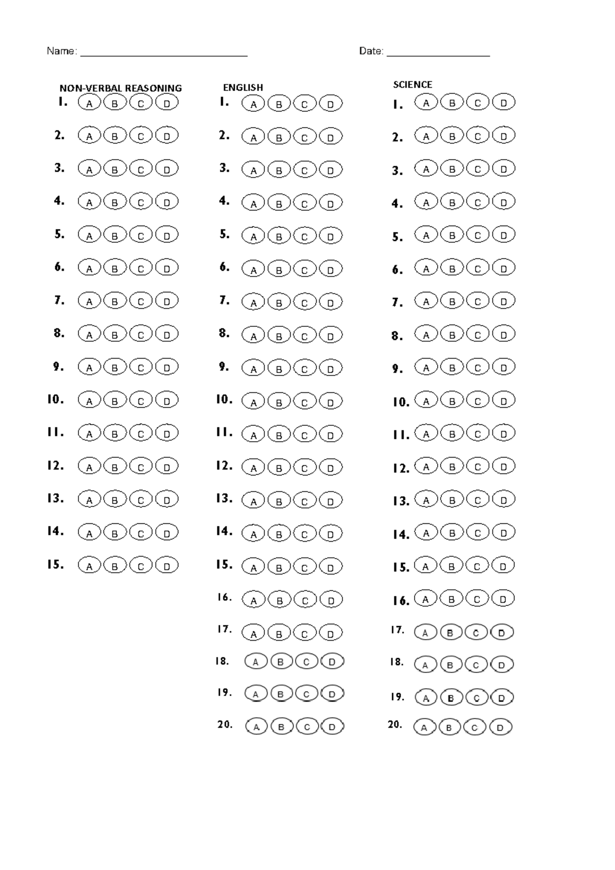 Printable Bubble Answer Sheet