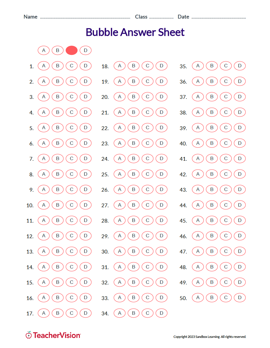 Bubble Answer Sheet For Tests TeacherVision