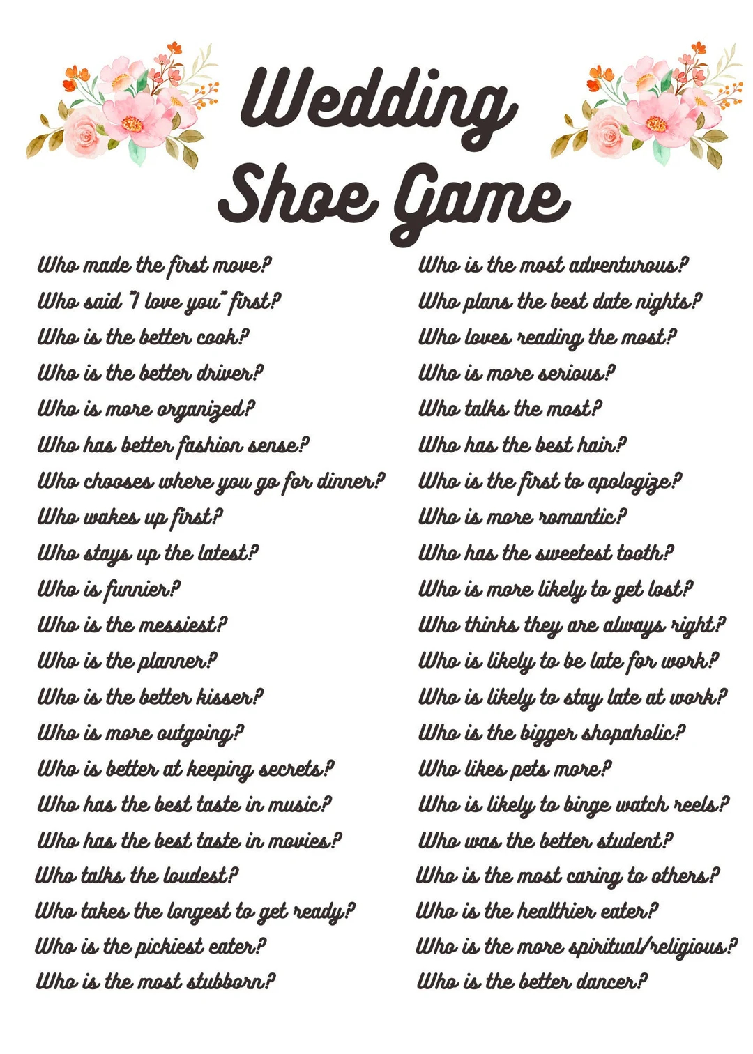 Buy Wedding Shoe Game Activity Who Knows The Bride And Groom Best Quiz Game Fun Party Activity Marriage Reception Bridal Shower Anniversary Online In India Etsy