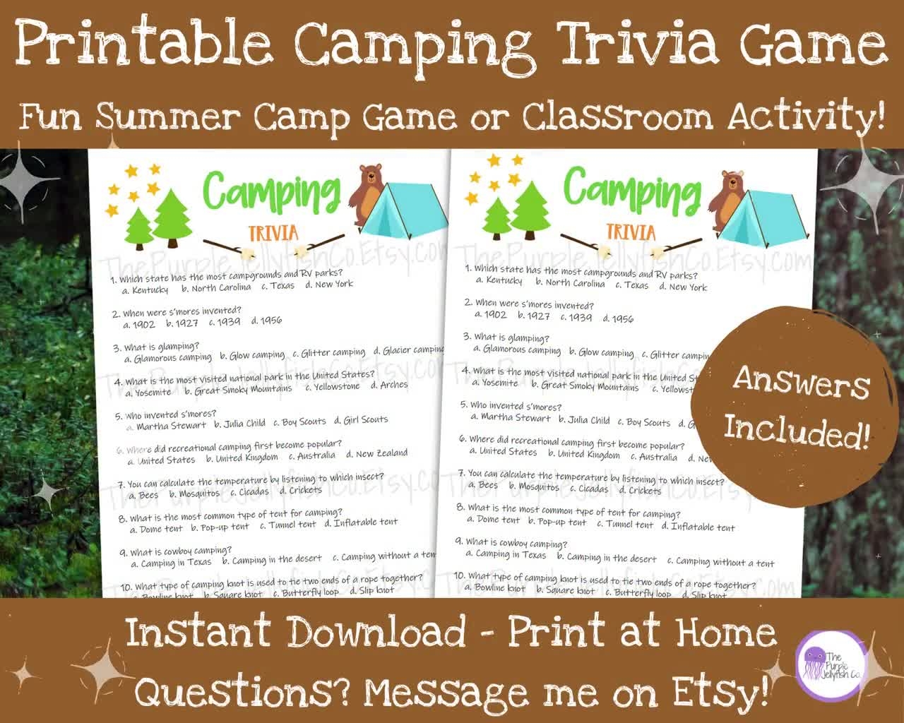 Camping Trivia Game Camping Game Printable Trivia Questions Camping Activity For Kids Adults RV Camping Trip Idea Summer Camp At Home Etsy