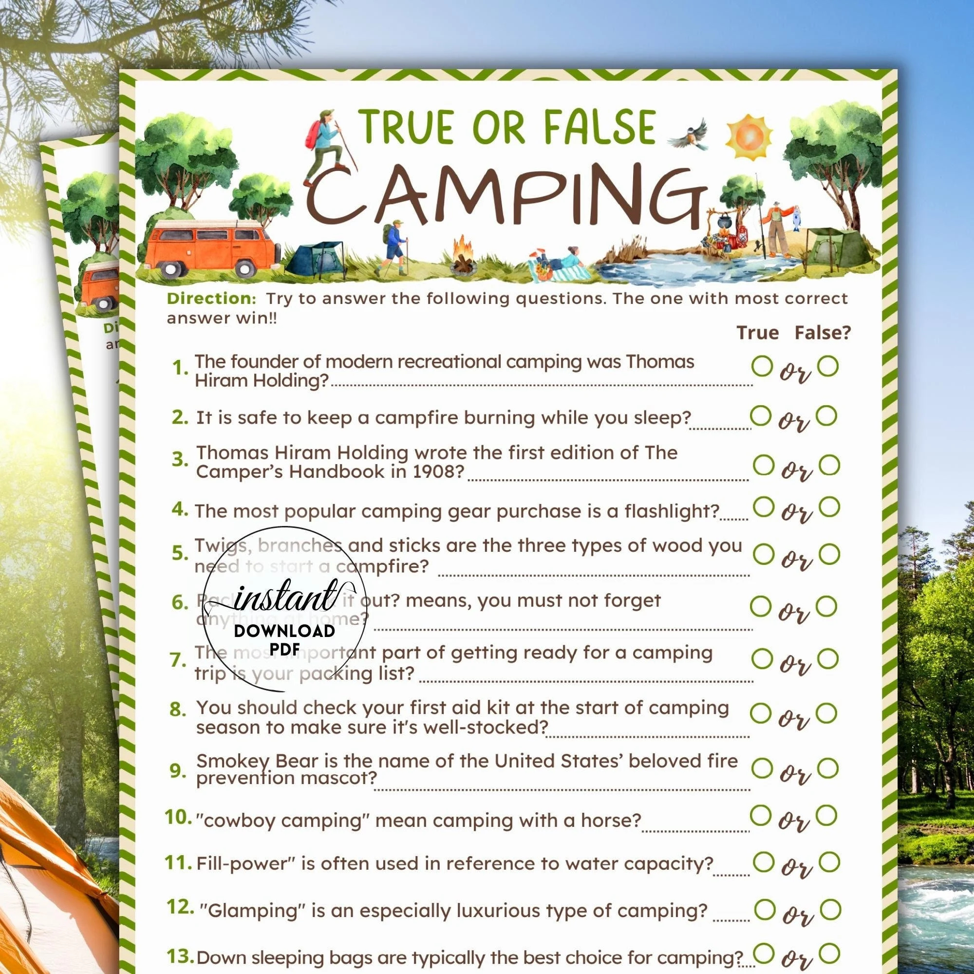 Camping Trivia Game True Or False Game Fun Camping Game Printable Campground Camping Activities For Kids Adults Camping Trivia Quiz Etsy