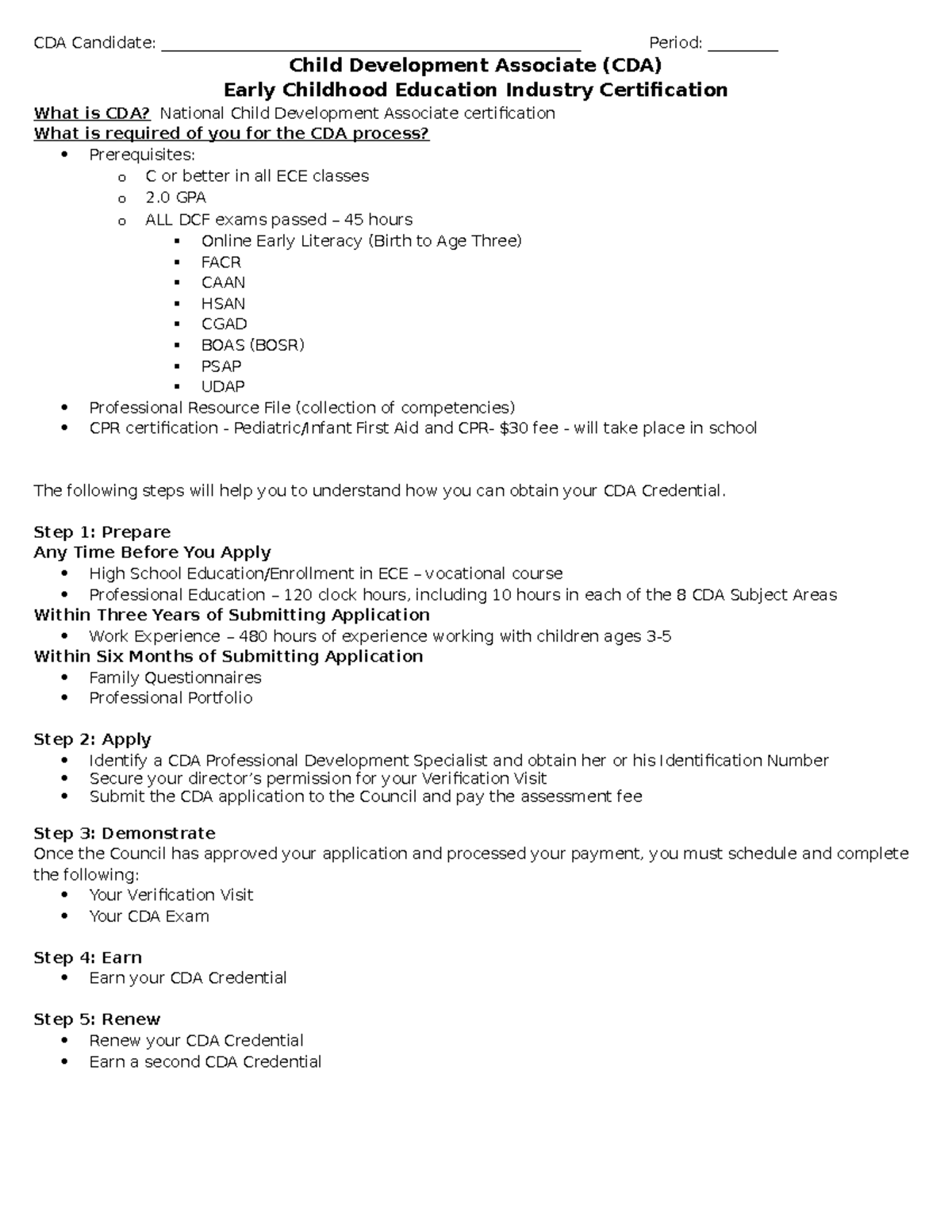 CDA Explained ECE 4 Answer Questions And Or Write Down The Correct Information CDA Candidate Studocu