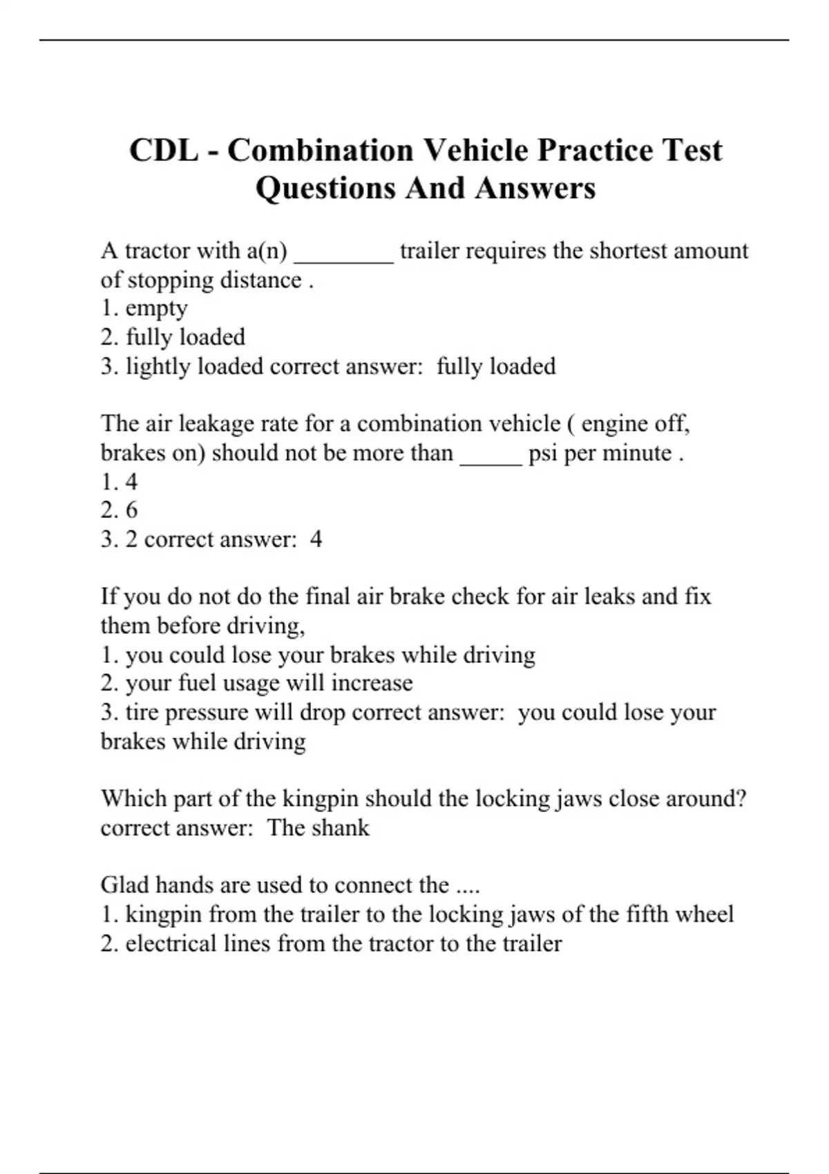 CDL Combination Vehicle Practice Test Questions And Answers Cdl Stuvia US