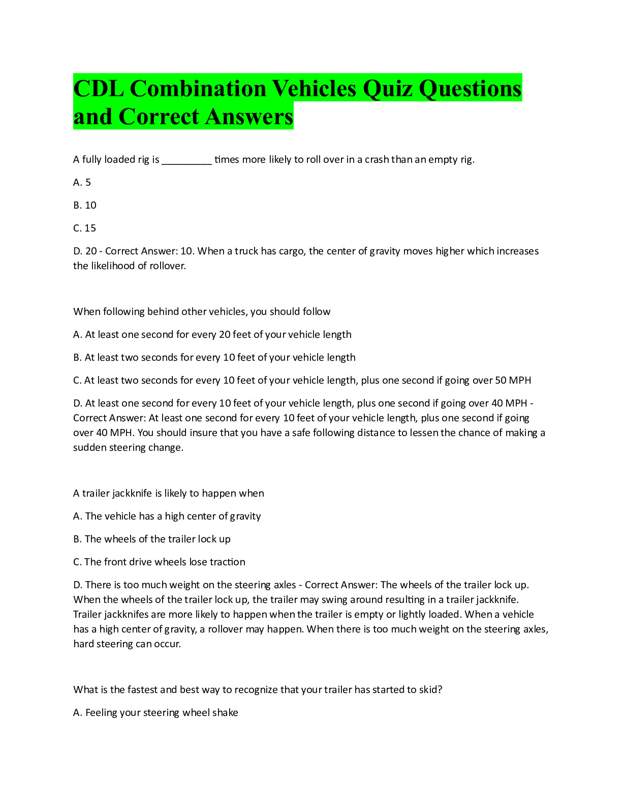 Printable CDL Practice Test Questions and Answers Double