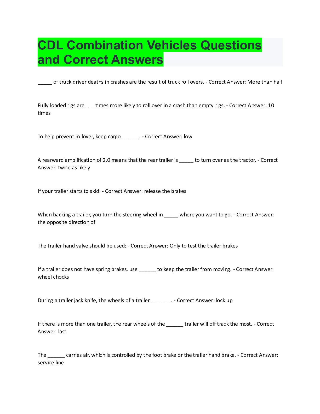 CDL Combination Vehicle Practice Test Questions And Correct Answers Bundle Compilation Graded A DocMerit