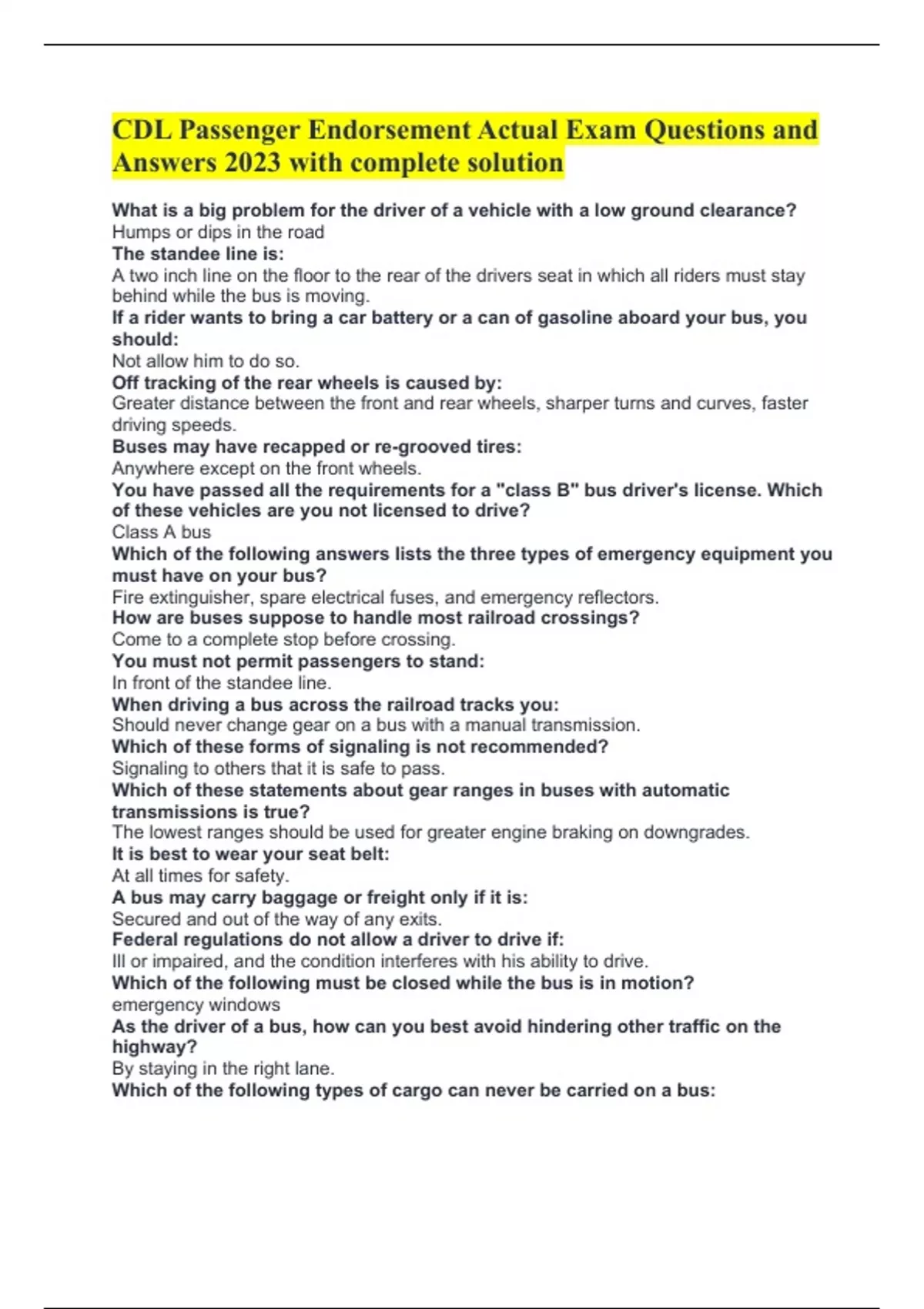 CDL Passenger Endorsement Actual Exam Questions And Answers 2023 With Complete Solution CDL Passenger Endorsement Stuvia US
