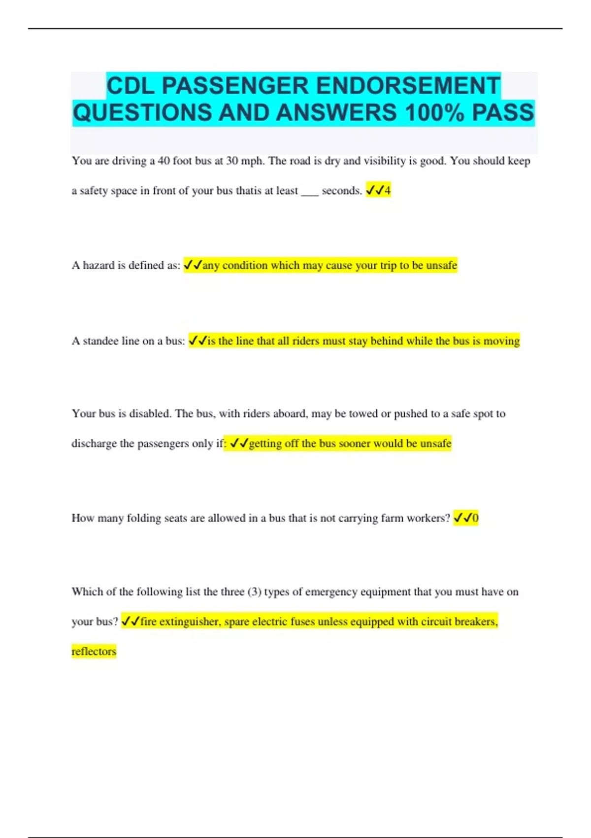 CDL PASSENGER ENDORSEMENT QUESTIONS AND ANSWERS 100 PASS CDL PASSENGER ENDORSEMENT Stuvia US