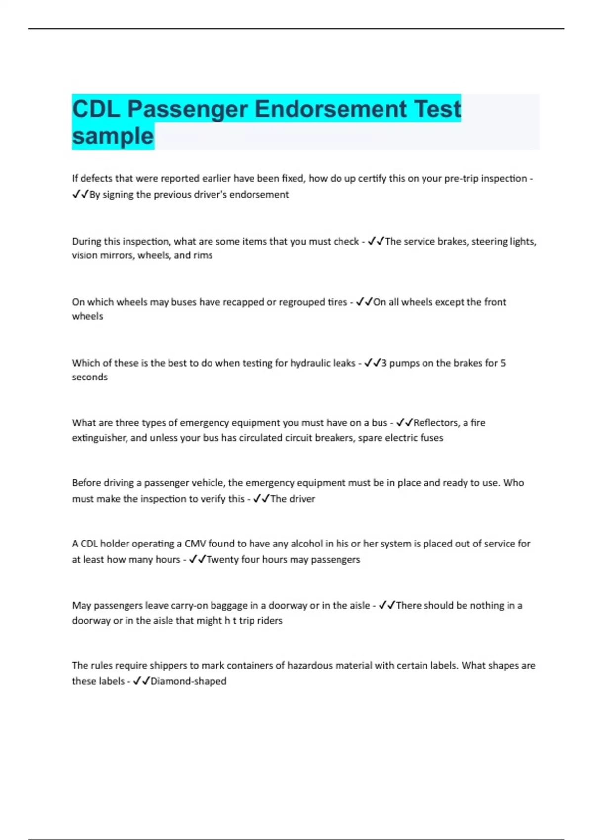 CDL Passenger Endorsement Test Sample Questions With 100 Correct Answers Verified CDL Passenger Endorsement Stuvia US