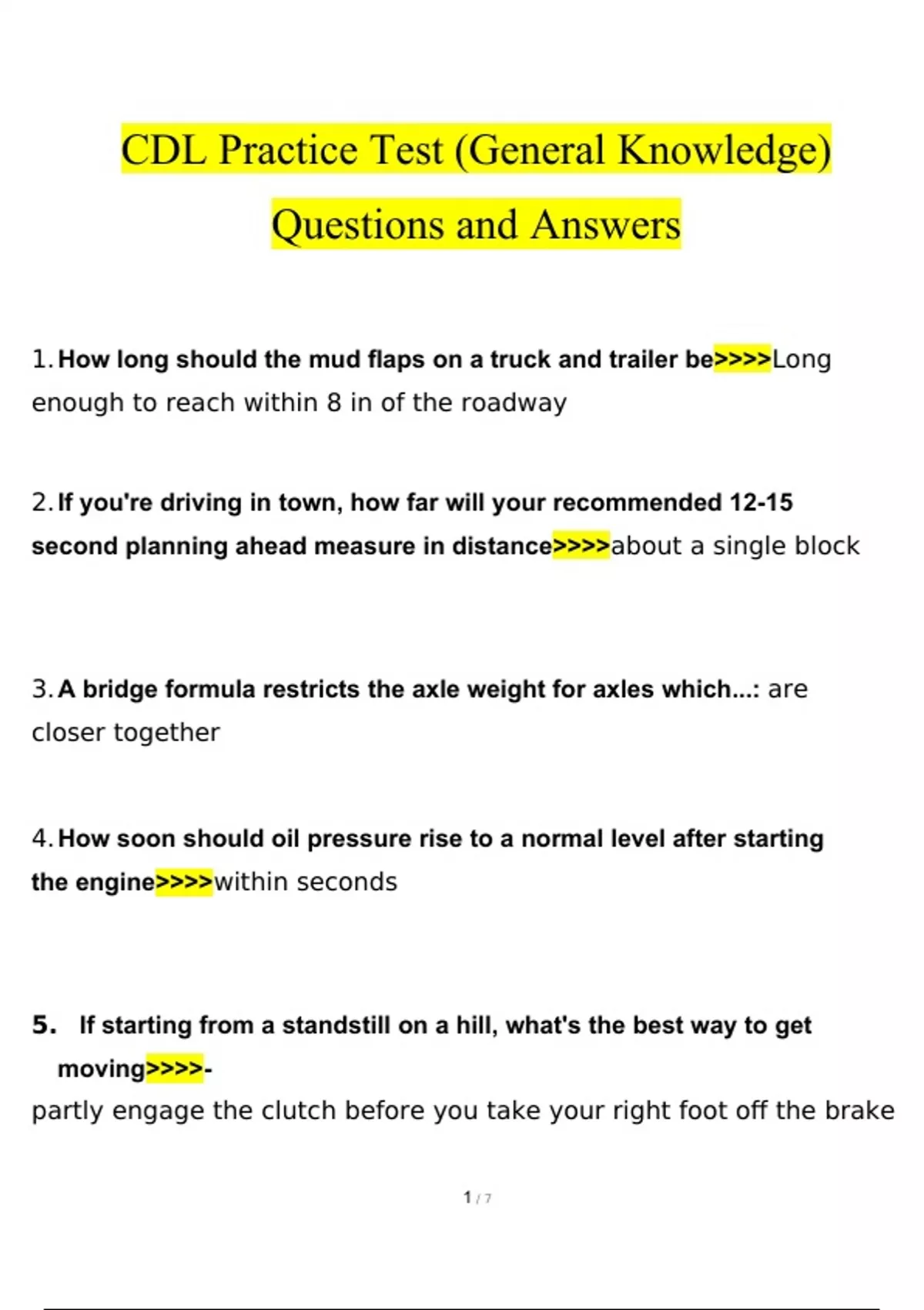 CDL Practice Test General Knowledge Questions And Answers Latest 100 Correct Answers Cdl Stuvia US