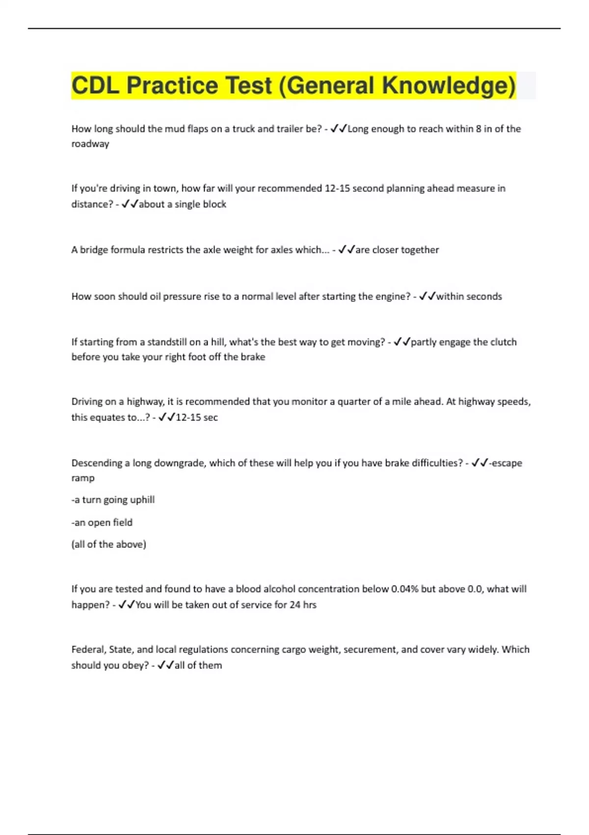 CDL Practice Test PA Free Printable with Answers