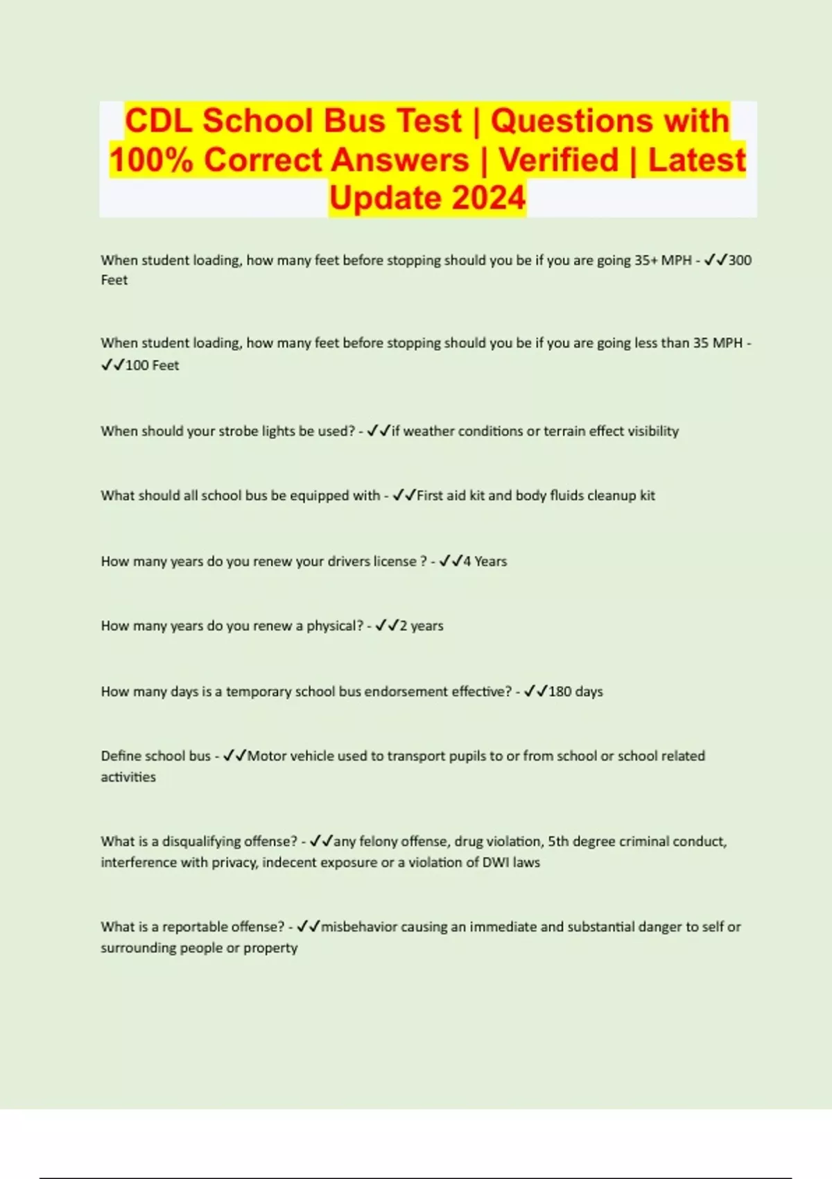 CDL School Bus Test Questions With 100 Correct Answers Verified Latest Update 2024 CDL School Bus Stuvia US