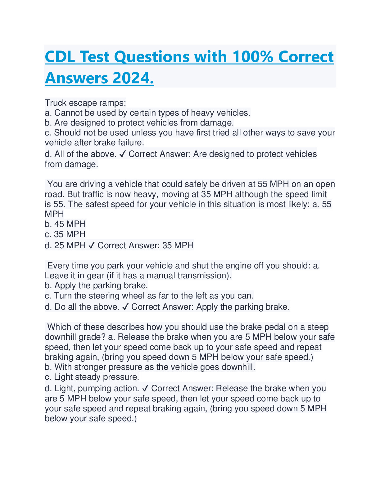 CDL Test Questions With 100 Correct Answers Latest 2024 2025 DocMerit